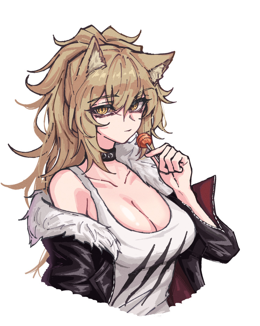 1girl animal_ear_fluff animal_ears arknights bare_shoulders black_collar black_jacket blonde_hair breasts candy cleavage closed_mouth collar collarbone commentary cropped_torso eyes_visible_through_hair food fur-trimmed_jacket fur_trim hair_between_eyes hand_up highres holding holding_candy holding_food holding_lollipop jacket korean_commentary large_breasts leather leather_jacket lollipop long_hair looking_at_viewer messy_hair off_shoulder petra_(jgc845601) siege_(arknights) simple_background solo studded_collar tank_top white_background white_tank_top yellow_eyes