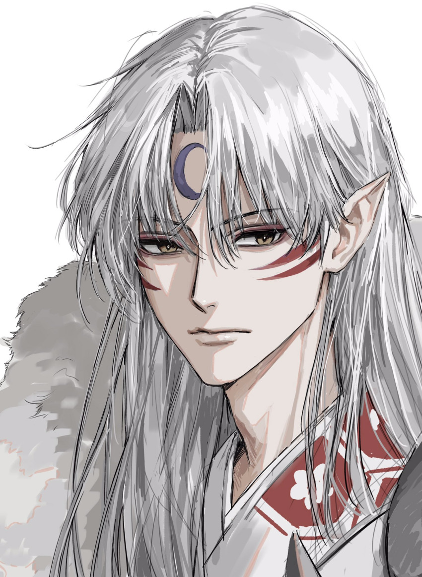 1boy close-up closed_mouth crescent_moon facial_mark fur_trim hair_between_eyes highres inuyasha japanese_clothes kimono long_hair looking_to_the_side male_focus moon parted_bangs pointy_ears sesshoumaru simple_background solo sso_s very_long_hair white_background white_hair yellow_eyes