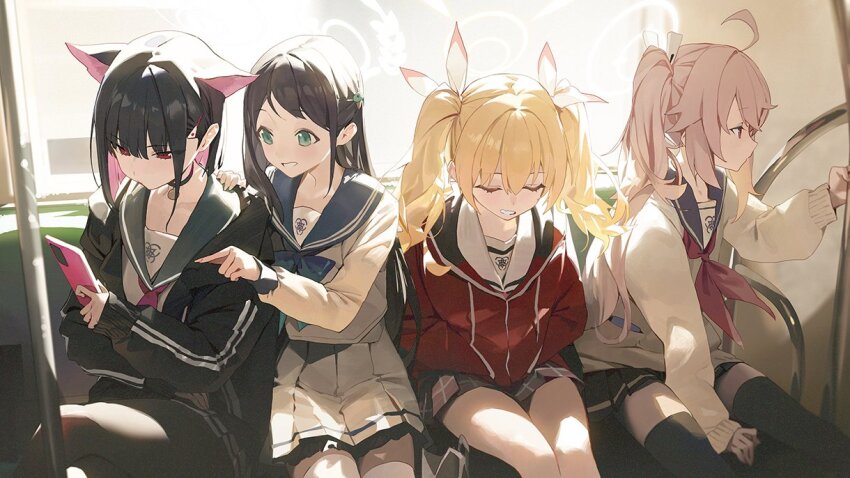 4girls airi_(blue_archive) animal_ears black_hair black_jacket blonde_hair blue_archive bow cat_ears commentary_request green_eyes hair_bow jacket kazusa_(blue_archive) modare multiple_girls natsu_(blue_archive) pink_hair red_eyes red_jacket school_uniform shirt sitting skirt sweater twintails white_bow white_shirt white_sweater yoshimi_(blue_archive)