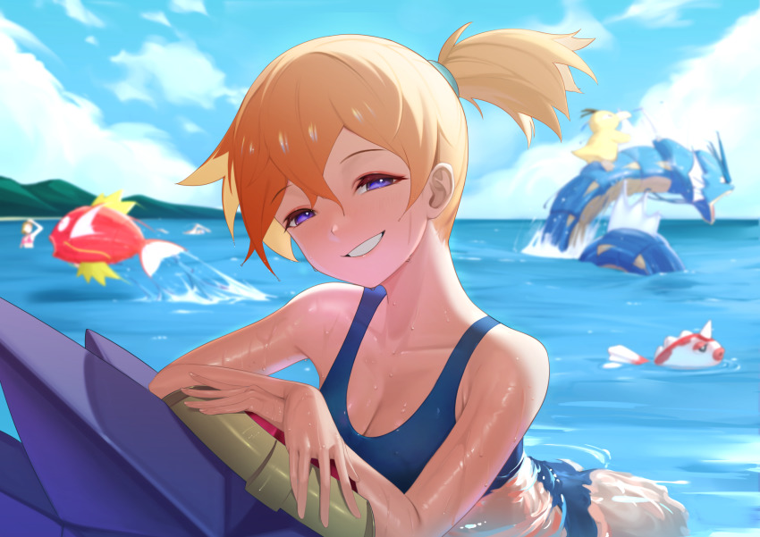 1girl bare_arms bare_shoulders bikini blue_bikini blue_sky breasts cloud collarbone creatures_(company) day game_freak gen_1_pokemon goldeen grin gyarados hair_tie half-closed_eyes highres komadera light_blush looking_at_viewer magikarp medium_breasts misty_(pokemon) nintendo ocean orange_hair outdoors partially_submerged pokemon pokemon_(creature) pokemon_frlg ponytail psyduck purple_eyes short_hair sky smile starmie swimsuit water wet