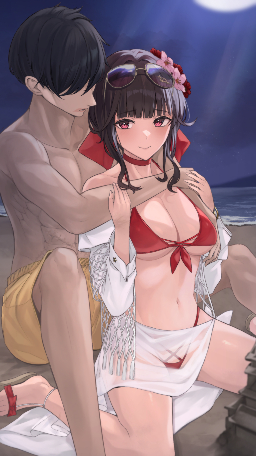 1boy 1girl bikini choker commander_(nikke) criss-cross_strings eyewear_on_head flower goddess_of_victory:_nikke hair_flower hair_ornament highres lace lace-trimmed_bikini lace_trim nagato_tsumugu navel official_alternate_costume red_bikini red_choker red_flower sakura_(bloom_in_summer)_(nikke) sakura_(nikke) sarong see-through_clothes see-through_sarong sunglasses swimsuit white_sarong