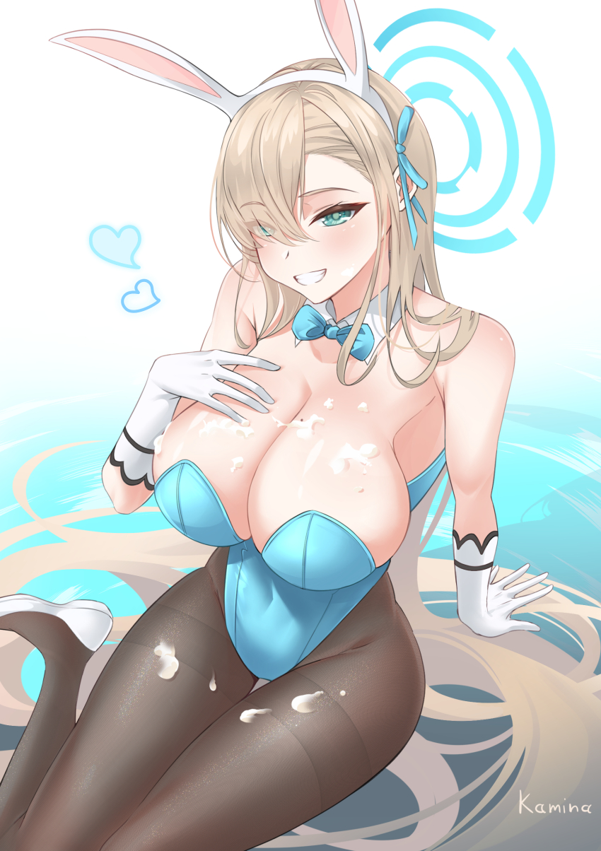 1girl absurdly_long_hair absurdres animal_ears aqua_leotard artist_name asuna_(blue_archive) asuna_(bunny)_(blue_archive) blonde_hair blue_archive blue_bow blue_bowtie blue_eyes blue_halo blue_leotard bow bowtie breasts commentary detached_collar english_commentary fake_animal_ears foot_out_of_frame gloves grin hair_over_one_eye halo hand_on_own_chest heart highleg highleg_leotard highres huge_breasts kamina_(kamin789) leotard long_hair looking_at_viewer mole mole_on_breast official_alternate_costume pantyhose playboy_bunny rabbit_ears shoes smile solo strapless strapless_leotard suggestive_fluid thighband_pantyhose traditional_bowtie very_long_hair white_gloves white_shoes