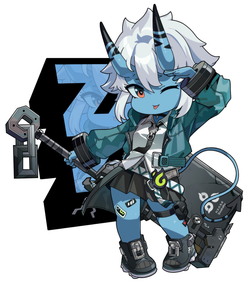 1girl ;p blue_skin chibi colored_skin commentary_request demon_tail full_body green_jacket highres holding holding_weapon horns jacket long_sleeves looking_at_viewer nyaru_(nyaru_4126) one_eye_closed red_eyes shirt short_hair solo soukaku_(zenless_zone_zero) tail tongue tongue_out weapon white_hair white_shirt zenless_zone_zero