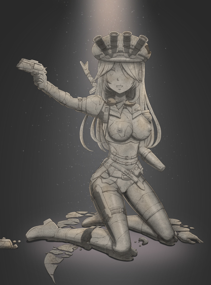 absurdres beret bra breaking breasts cleavage gun hat highres large_breasts long_hair nipples panty petrification smile statue underwear weapon