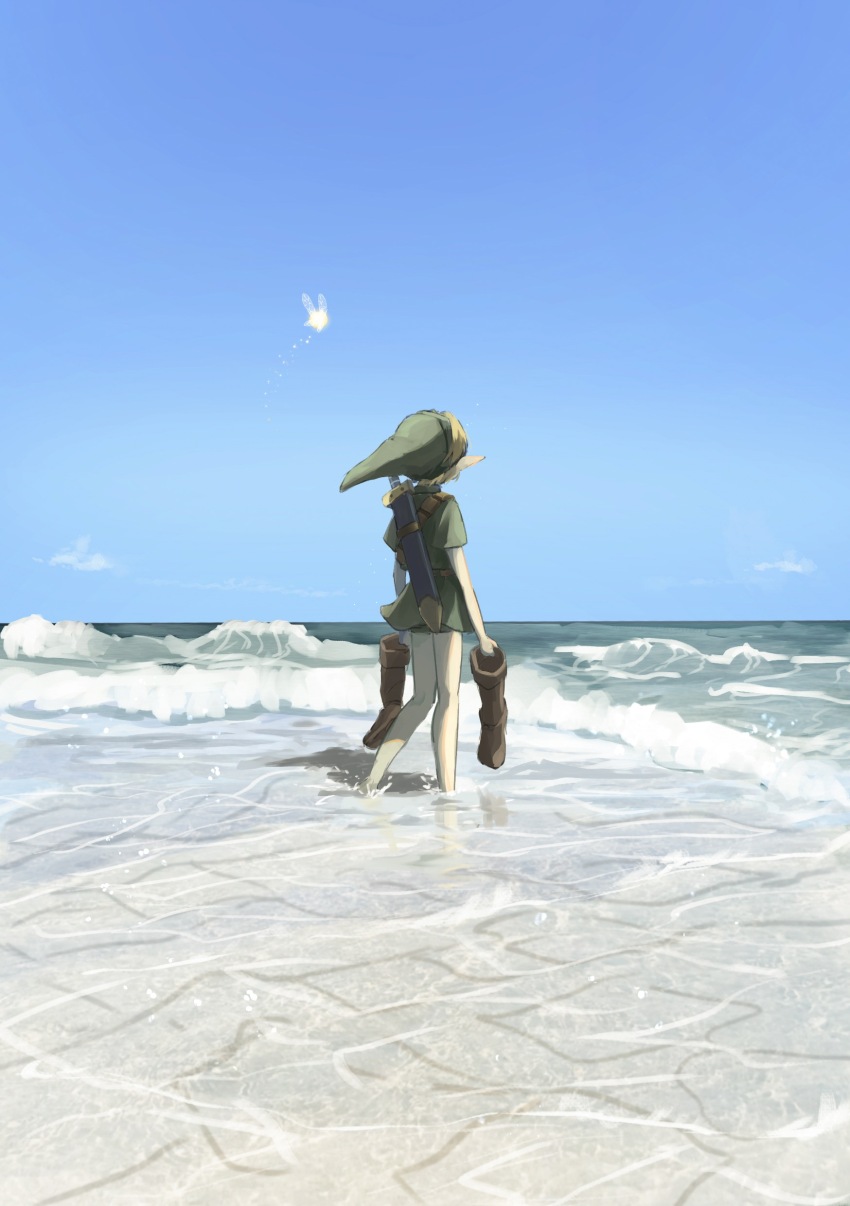 1boy absurdres bare_legs barefoot beach blonde_hair blue_sky boots brown_footwear fairy from_behind green_hat green_tunic hat highres horizon link nintendo ocean pointy_ears sheath sheathed short_sleeves sky solo standing sword tatl tete_tuyuten the_legend_of_zelda the_legend_of_zelda:_majora&#039;s_mask tunic unworn_boots wading waves weapon weapon_on_back young_link