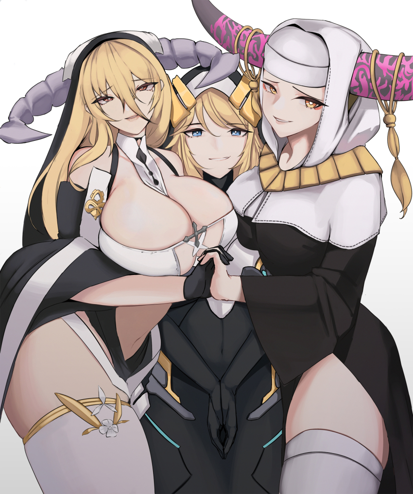 3girls azur_lane blonde_hair blue_eyes breasts brown_eyes crossover demon_horns eyebrows_hidden_by_hair fate/extra fate/extra_ccc fate/grand_order fate_(series) goddess_of_victory:_nikke habit hair_between_eyes highres holding_hands horn_ornament horns implacable_(azur_lane) large_breasts long_hair looking_at_viewer momofoo multiple_girls nun rapunzel_(nikke) revealing_clothes sessyoin_kiara simple_background swept_bangs thighhighs white_background yellow_eyes zettai_ryouiki