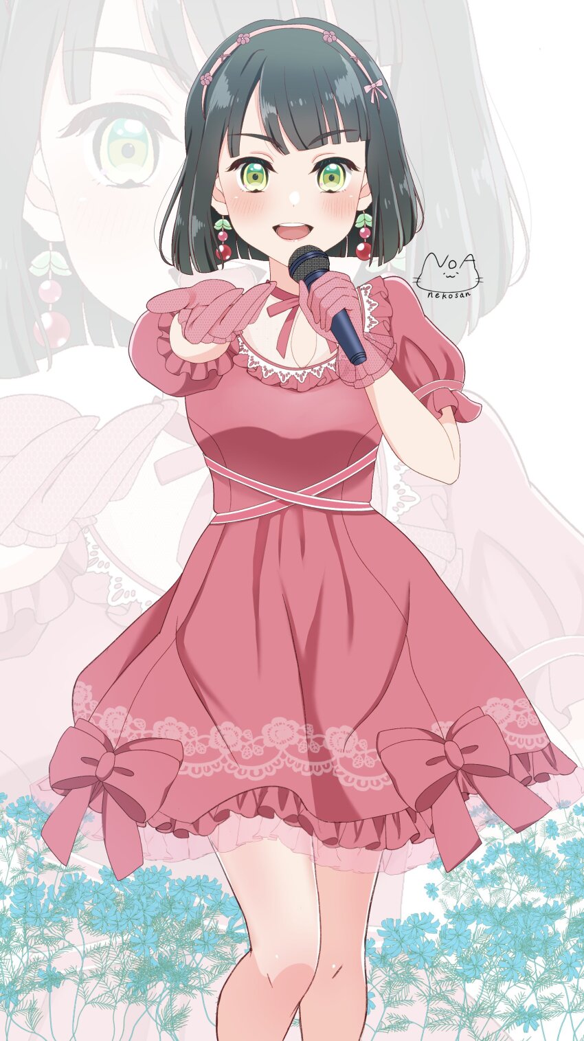 1girl :d absurdres black_hair blue_flower blunt_bangs blush commentary_request dress earrings feet_out_of_frame floral_background flower flower_hairband frilled_dress frilled_gloves frills gloves green_eyes hairband highres jewelry link!_like!_love_live! looking_at_viewer love_live! momose_ginko noanekosan open_mouth pink_dress pink_gloves pink_hairband puffy_short_sleeves puffy_sleeves reflection_in_the_mirror_(love_live!) short_dress short_hair short_sleeves smile solo teeth upper_teeth_only virtual_youtuber zoom_layer