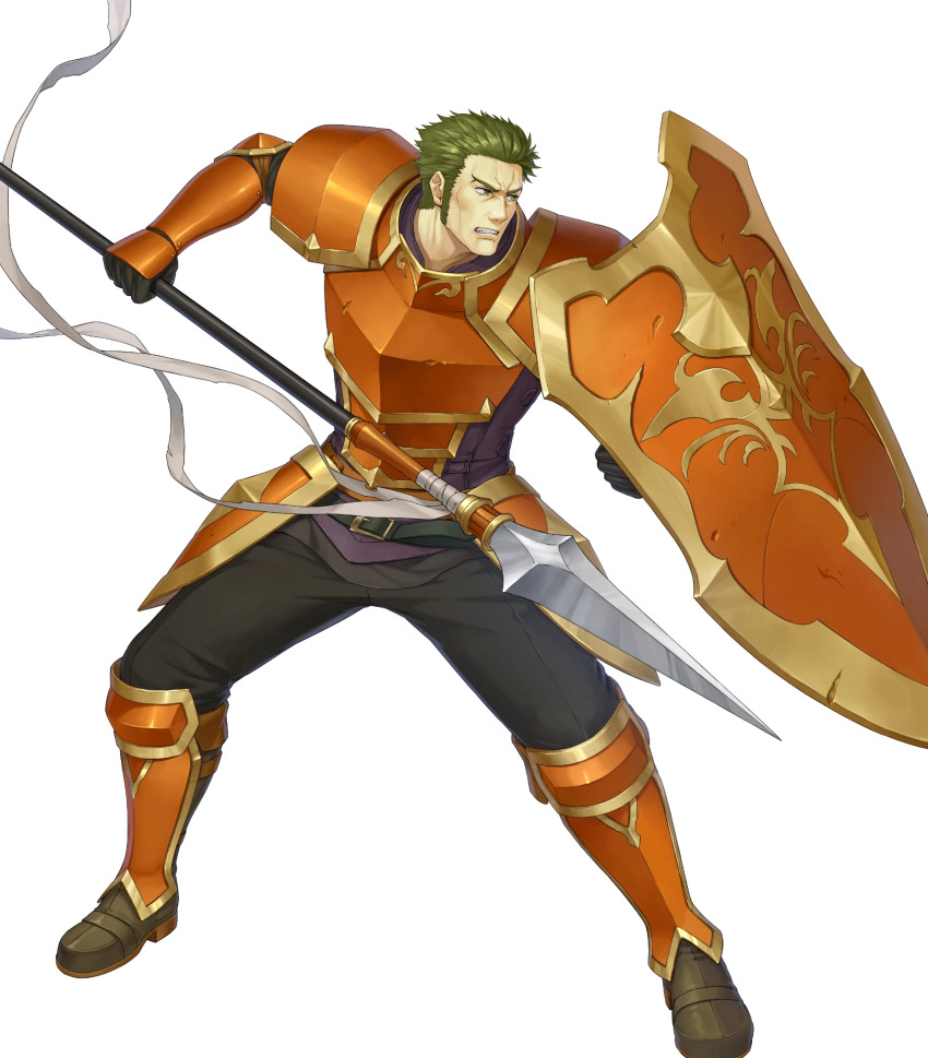 1boy armor cheekbones fire_emblem fire_emblem:_the_blazing_blade fire_emblem_heroes full_body green_eyes green_hair highres holding holding_polearm holding_shield holding_weapon male_focus mature_male nintendo official_art orange_armor oswin_(fire_emblem) polearm shibayama_wankuro shield short_hair sideburns solo third-party_source transparent_background weapon