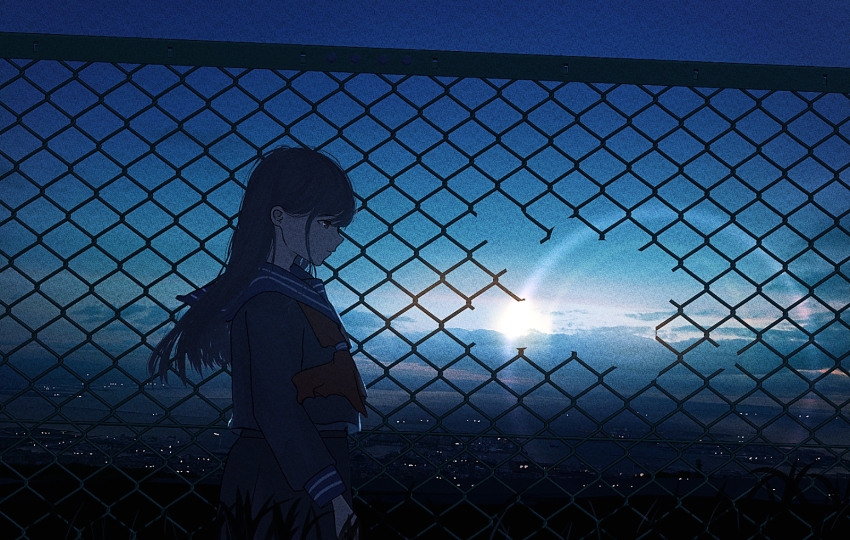 1girl banakotakemaru black_eyes black_hair black_serafuku black_skirt blue_sailor_collar blue_serafuku chain-link_fence city_lights cityscape closed_mouth cloud cowboy_shot dark fence film_grain from_side highres horizon lens_flare long_hair long_sleeves neckerchief night night_sky original outdoors pleated_skirt profile red_neckerchief sailor_collar scenery school_uniform serafuku shirt skirt sky skyline standing star_(sky) sunrise