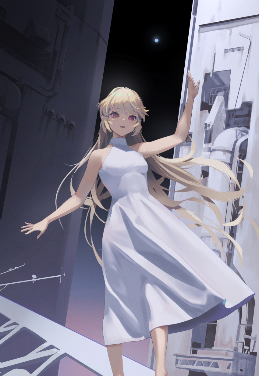 1girl absurdres bare_arms bare_shoulders blonde_hair breasts commentary dress feet_out_of_frame guihuo_inferno highres long_hair looking_at_viewer mole mole_under_eye open_mouth original red_eyes sleeveless sleeveless_dress small_breasts smile solo standing star-shaped_pupils star_(symbol) symbol-shaped_pupils teeth upper_teeth_only very_long_hair white_dress