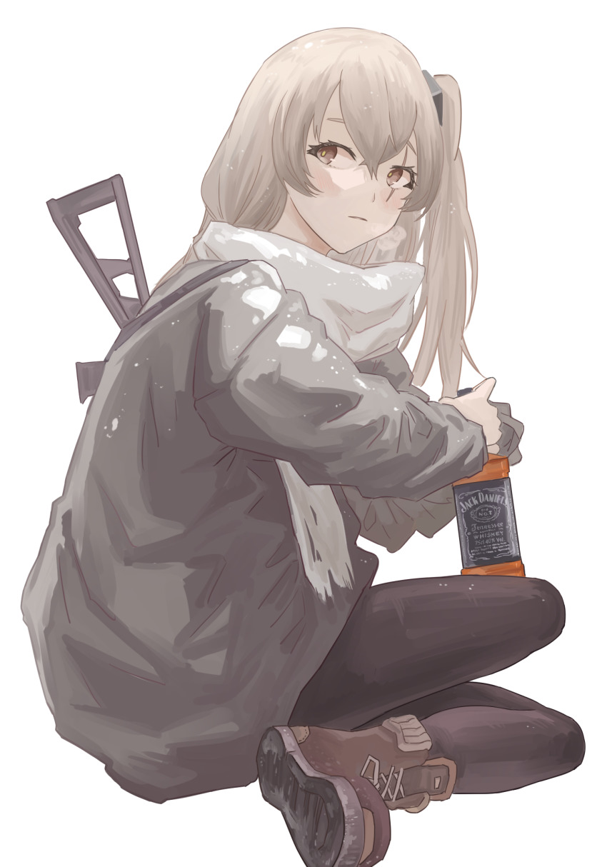 1girl alcohol black_pants black_pantyhose boots brown_hair brown_jacket girls&#039;_frontline gun highres jack_daniel&#039;s jacket long_hair looking_at_viewer one_side_up pants pantyhose scar scar_across_eye scar_on_face solo submachine_gun ump45_(girls&#039;_frontline) weapon white_background yao_yang