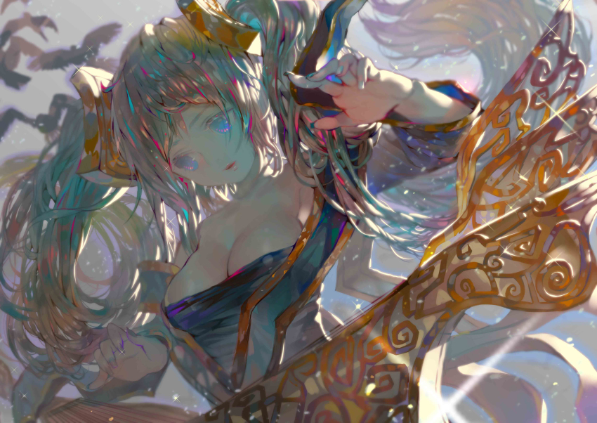 1girl blue_eyes breasts cleavage crab_d dress female_focus highres instrument large_breasts league_of_legends long_sleeves md5_mismatch solo sona_(league_of_legends) twintails