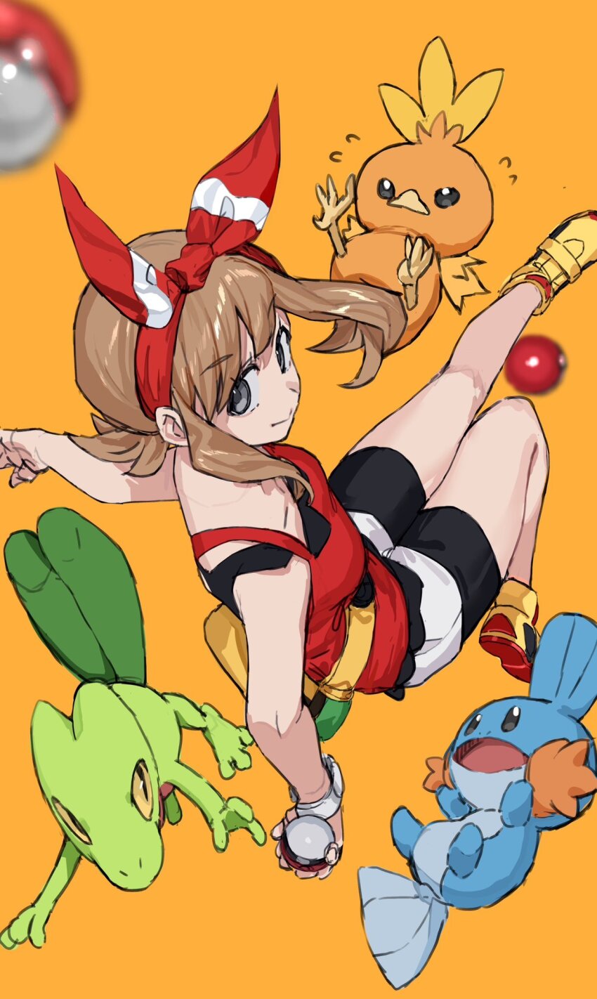 1girl bare_shoulders beak bird black_eyes black_shorts blurry blurry_foreground brown_hair chick creatures_(company) from_behind full_body game_freak gen_3_pokemon hairband highres holding holding_poke_ball lizard looking_at_viewer looking_back may_(pokemon) mudkip nintendo orange_background orange_feathers poke_ball poke_ball_(basic) pokemon pokemon_oras ranf red_hairband red_shirt shirt shorts simple_background starter_pokemon_trio talons torchic treecko white_shorts