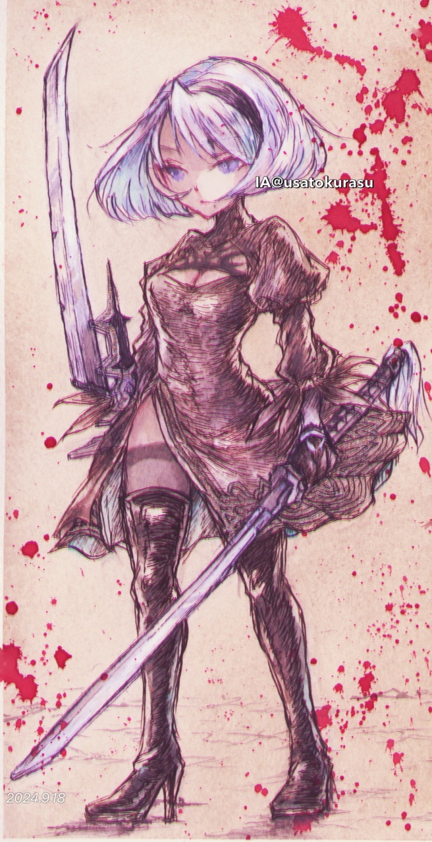 1girl 2b_(nier:automata) black_dress black_footwear black_hairband blood blood_splatter blue_eyes boots cleavage_cutout clothing_cutout dress expressionless feather-trimmed_sleeves feather_trim hairband high_heel_boots high_heels highres holding holding_sword holding_weapon juliet_sleeves katana long_sleeves mole mole_under_mouth nier:automata nier_(series) no_blindfold puffy_sleeves short_dress short_hair side_slit sword thigh_boots thighhighs thighhighs_under_boots tpamjdsta_(usatokurasu) traditional_media virtuous_contract weapon white_hair