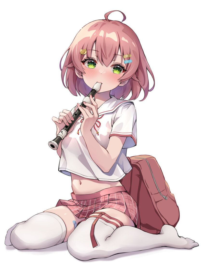 1girl ahoge backpack bag blush flute full_body green_eyes hair_ornament hairclip highres holding holding_flute holding_instrument hololive instrument looking_at_viewer medium_hair midriff_peek mouth_hold navel official_alternate_costume pink_hair pink_skirt recorder sakura_miko sakura_miko_(school_uniform) school_uniform shirt sitting skirt solo thigh_strap thighhighs tmo-cat virtual_youtuber wariza white_shirt white_thighhighs