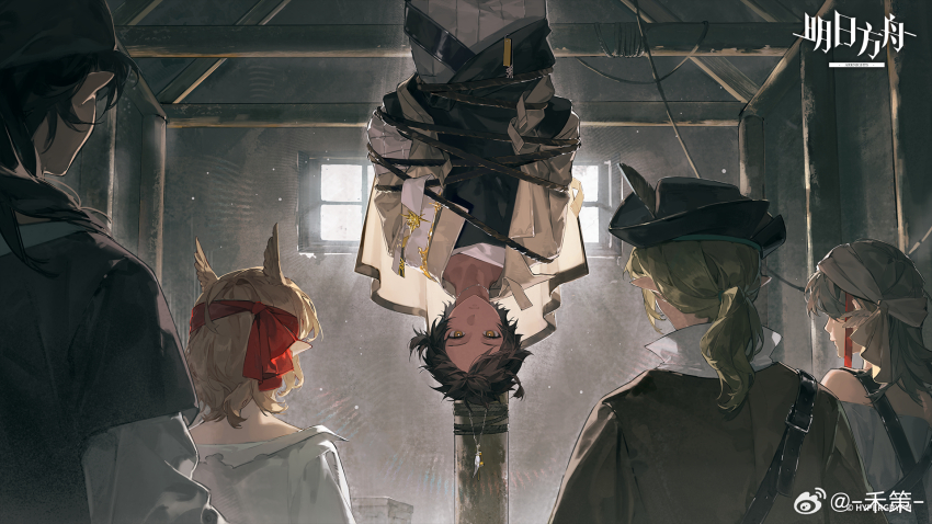 2girls 3boys arknights black_hair black_shirt bound dark_skin highres jacket multiple_boys multiple_girls noland shirt thorns_(arknights) tied_up_(nonsexual) weibo_logo weibo_watermark