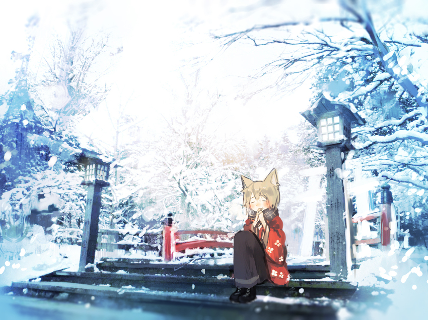 1girl alt_(apou) animal_ears blonde_hair blush closed_eyes female_focus japanese_clothes lantern original scarf sitting snow solo star_(symbol) tree wide_sleeves