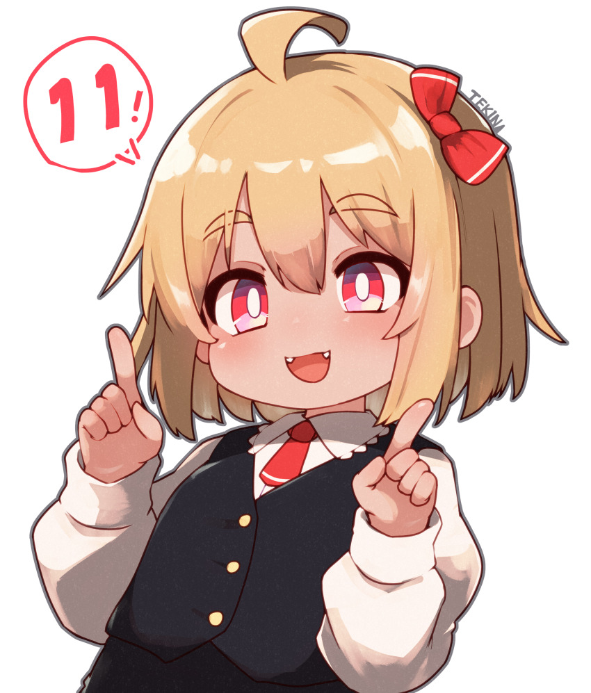 1girl absurdres ahoge artist_name black_vest blonde_hair bow collared_shirt fangs hair_bow highres index_finger_raised long_sleeves necktie open_mouth red_bow red_eyes red_necktie rumia shirt short_hair solo speech_bubble tekina_(chmr) touhou upper_body vest white_background white_shirt