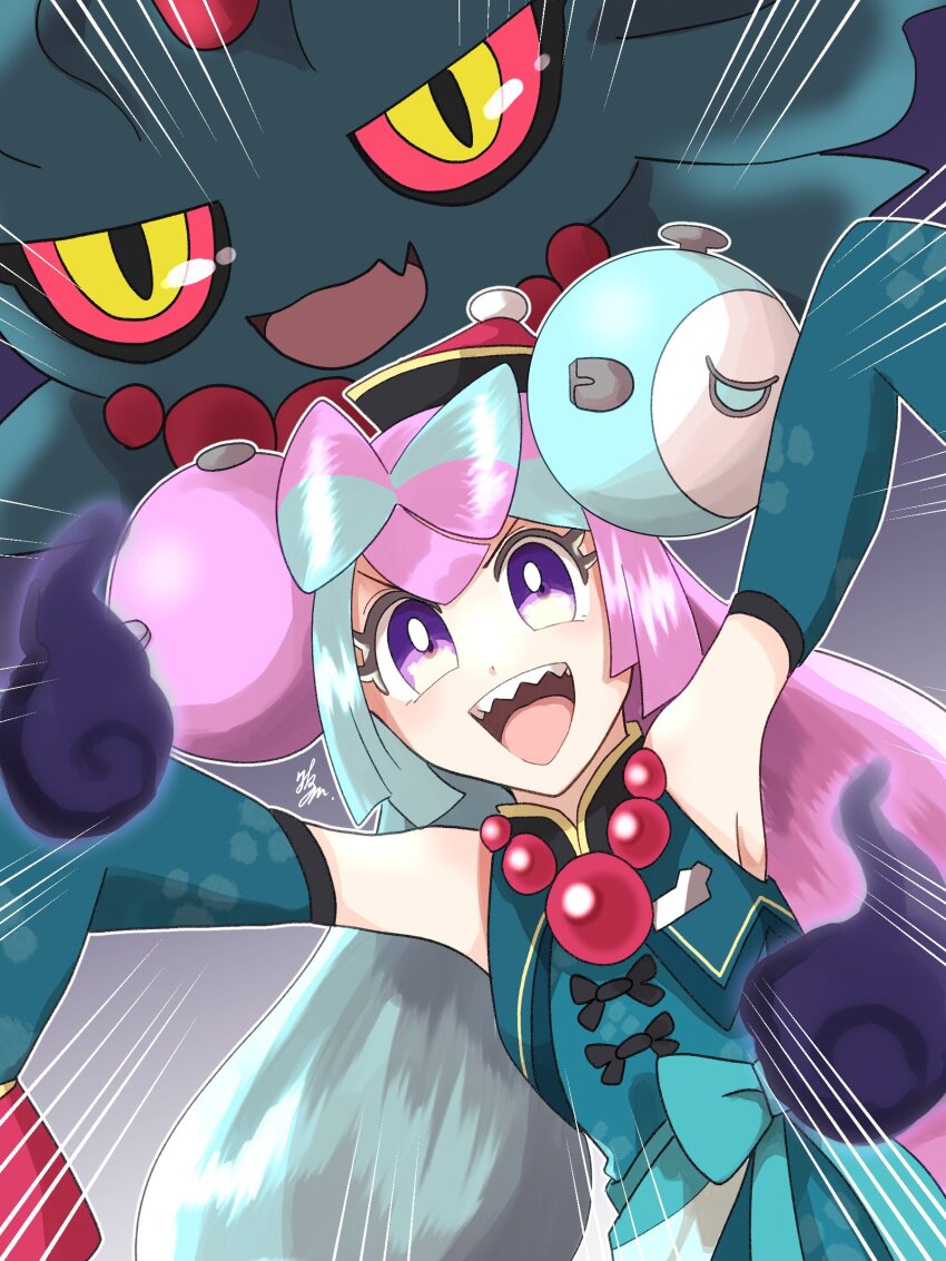 absurdres blunt_bangs bow-shaped_hair colored_sclera creatures_(company) flutter_mane game_freak highres iono_(fall_2024)_(pokemon) iono_(pokemon) jiangshi_costume jun_galaxyrun multicolored_hair nintendo official_alternate_costume pokemon pokemon_(creature) pokemon_masters_ex red_sclera two-tone_hair very_long_sleeves