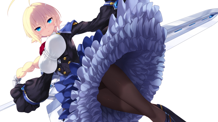 1girl ahoge black_jacket black_pantyhose blazblue blonde_hair blue_eyes blush breasts cait_aron cameltoe center_frills closed_mouth commentary dutch_angle es_(xblaze) feet_out_of_frame frilled_shirt frills from_below hair_between_eyes highres holding holding_sword holding_weapon huge_ahoge jacket large_breasts long_sleeves looking_at_viewer outstretched_arms panties panties_under_pantyhose pantyhose petticoat shirt short_hair simple_background sleeves_past_fingers sleeves_past_wrists slit_pupils solo standing sword underwear weapon white_background white_shirt wide_sleeves xblaze xblaze_code:_embryo