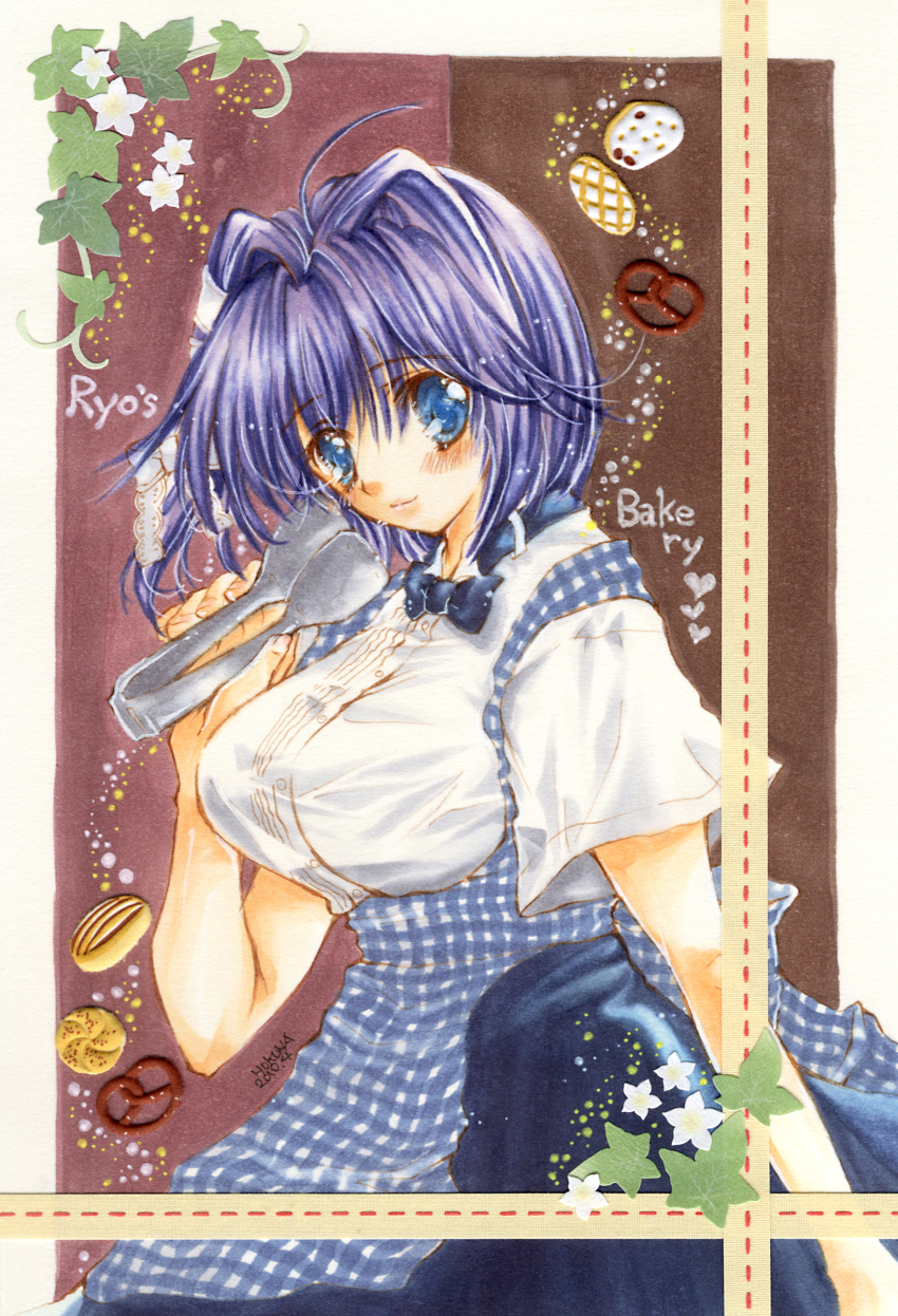 00s 1girl absurdres apron bad_id bad_pixiv_id blouse blue_bow blue_bowtie blue_eyes blue_hair bow bowtie bread clannad dated female_focus food from_side fujibayashi_ryou gingham_apron highres hokuna_rin kitana_rin kobeya_uniform leaf matching_hair/eyes plaid_apron plaid_clothes pretzel shirt short_hair solo tongs white_shirt