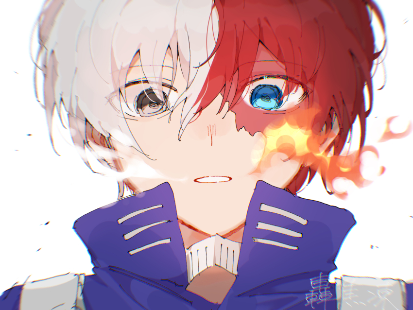 1boy blue_eyes boku_no_hero_academia burn_scar fire grey_eyes hair_between_eyes heterochromia highres hoya_(pixiv_id_101471793) looking_at_viewer male_focus multicolored_hair portrait red_hair scar scar_on_face short_hair sketch solo split-color_hair todoroki_shouto two-tone_hair white_hair wide-eyed