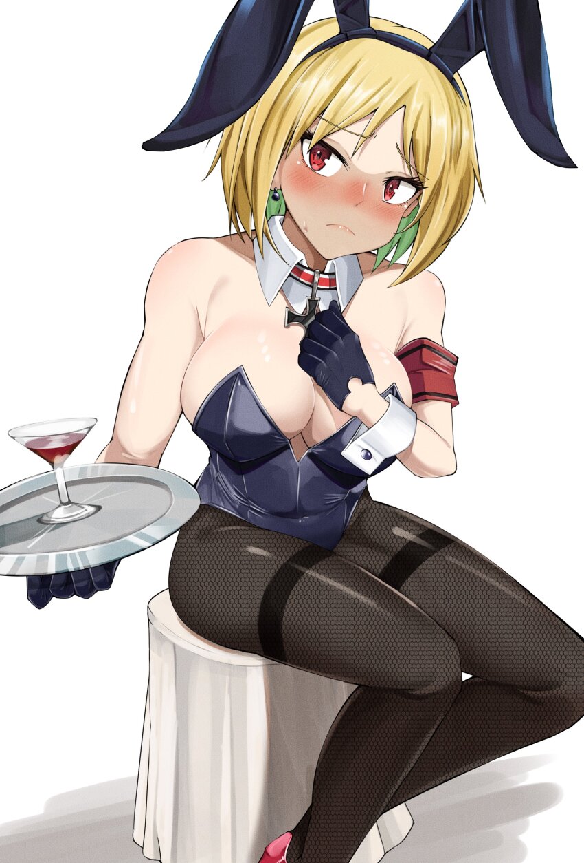 1girl absurdres alternate_costume animal_ears armband backless_leotard black_gloves black_leotard black_pantyhose blonde_hair blush breasts bunny_day cleavage closed_mouth commentary_request cross cup detached_collar drink earrings fake_animal_ears feet_out_of_frame frown girls&#039;_frontline gloves hand_on_own_chest highres holding holding_tray iron_cross jewelry kuzumotsu leotard looking_at_viewer mp40_(girls&#039;_frontline) pantyhose playboy_bunny rabbit_ears red_armband red_eyes short_hair simple_background sitting solo sweatdrop tray white_background