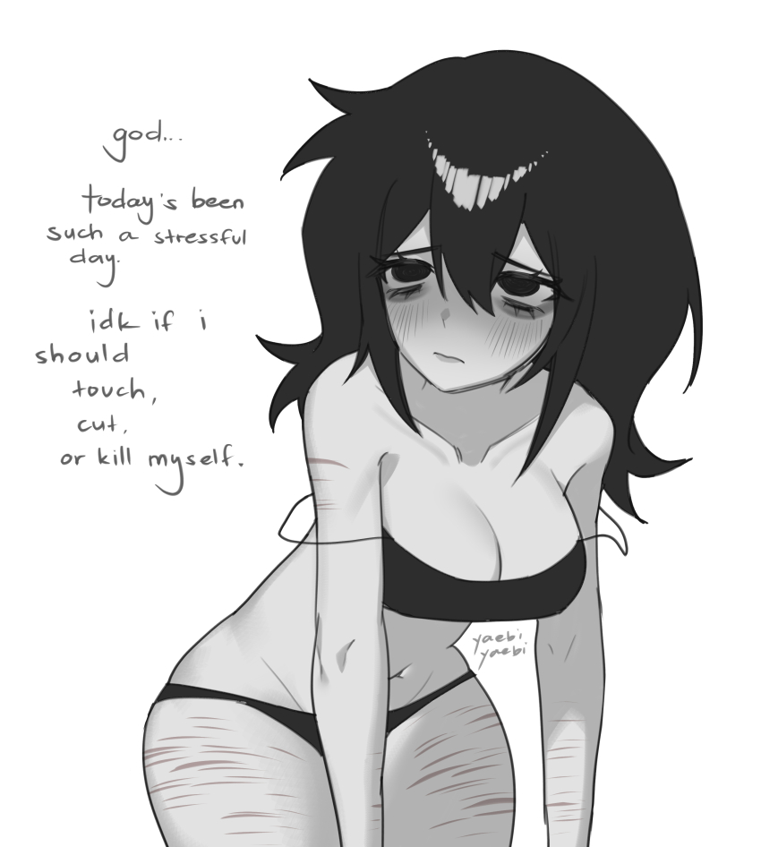 absurdres bikini black_bikini black_eyes black_hair breasts cuts english_text greyscale highres imminent_self-harm imminent_suicide injury medium_breasts monochrome original scar scar_on_arm scar_on_leg self-harm self-harm_scar simple_background swimsuit wrist_cutting yaebiyaebi