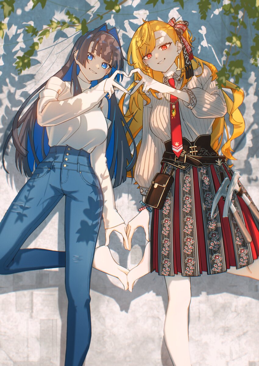 2girls absurdres barefoot blue_eyes blue_hair breasts colored_inner_hair curly_hair denim ear_piercing earrings feet hair_intakes heart heart_hands heart_hands_duo high-waist_pants highres hololive hololive_english hololive_indonesia jeans jewelry kaela_kovalskia kaela_kovalskia_(business_casual) large_breasts leaf long_hair looking_at_viewer multicolored_hair multiple_girls necktie official_alternate_costume ouro_kronii ouro_kronii_(casual) pants photo-referenced pickaxe piercing pleated_skirt red_eyes red_necktie shirt skirt sweater tree_shade virtual_youtuber white_shirt white_sweater yuutomeh