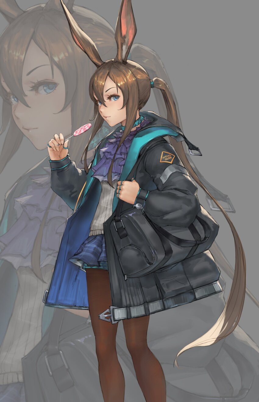 1girl absurdres adpong amiya_(arknights) animal_ears arknights ascot bag black_jacket blue_choker blue_eyes brown_hair candy choker food frilled_ascot frills highres holding holding_candy holding_food holding_lollipop hood hooded_jacket jacket jewelry lollipop long_hair looking_at_viewer neck_ring pantyhose ponytail purple_ascot rabbit_ears rabbit_girl ring shirt shoulder_bag skirt solo thumb_ring white_shirt