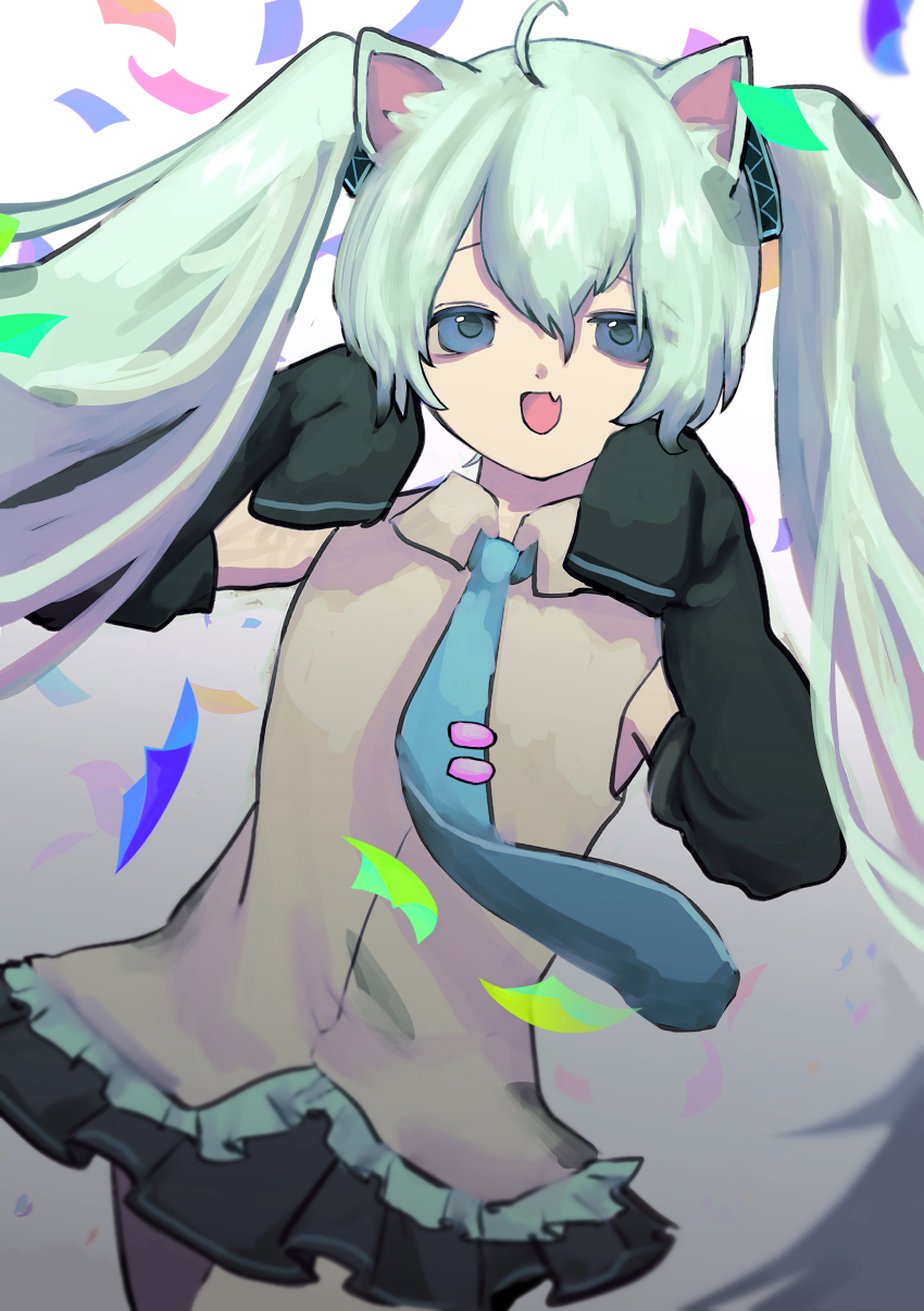 1girl :d absurdres ahoge animal_ears black_skirt black_sleeves blue_eyes cat_ears collared_shirt commentary confetti detached_sleeves english_commentary fang gradient_background green_hair grey_shirt hair_between_eyes hatsune_miku highres long_sleeves looking_at_viewer open_mouth pleated_skirt pokopokotarou1 shirt skirt sleeveless sleeveless_shirt sleeves_past_fingers sleeves_past_wrists smile solo tie_clip tongue twintails vocaloid