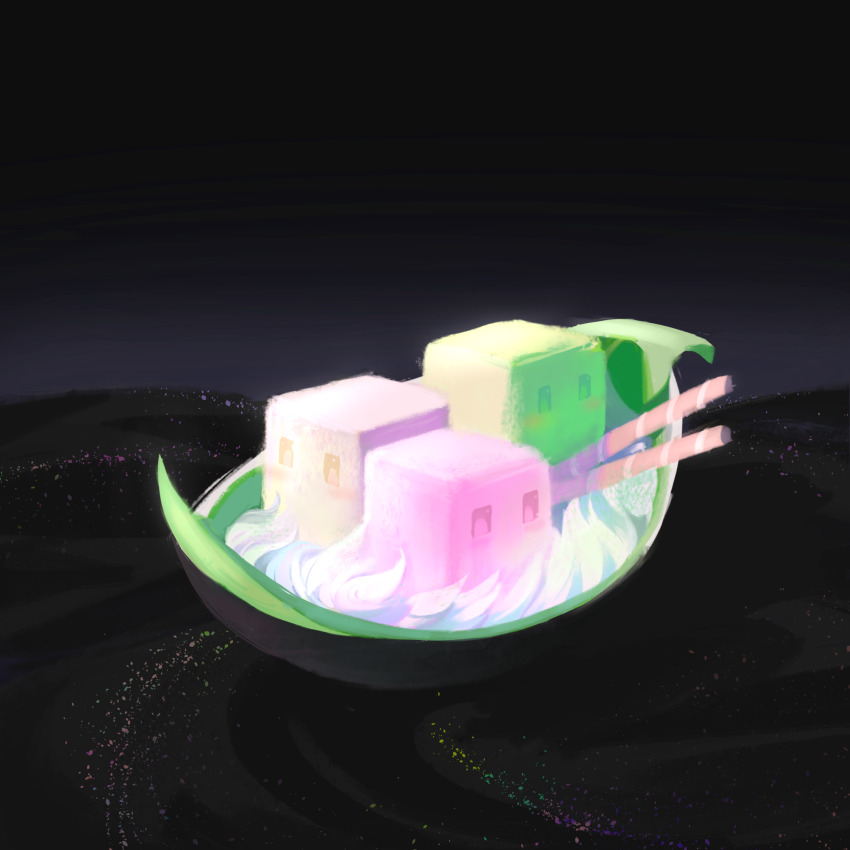 black_background chinese_commentary commentary_request cube food food_focus highres ice_cream leaf_boat no_humans rrsuika touhou touhou_mystia&#039;s_izakaya wafer_stick whipped_cream