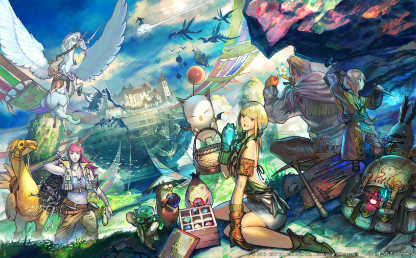 2girls 3boys arm_pouch backpack bag bare_shoulders basket blonde_hair blue_sky blunt_bangs brown_gloves chocobo cloud company_name copyright_name creature day final_fantasy final_fantasy_xiv flower flying gloves grass green_footwear grey_hair hammer highres holding holding_flower holding_hammer hyur lalafell medium_hair moogle multiple_boys multiple_girls official_art open_mouth otter outdoors paissa pink_hair reflection reflective_water riding riding_animal rock roegadyn saito_rokuma scenery short_hair simple_bird sitting sky spriggan_(final_fantasy) tapestry wariza warrior_of_light_(ff14) water winged_unicorn wings