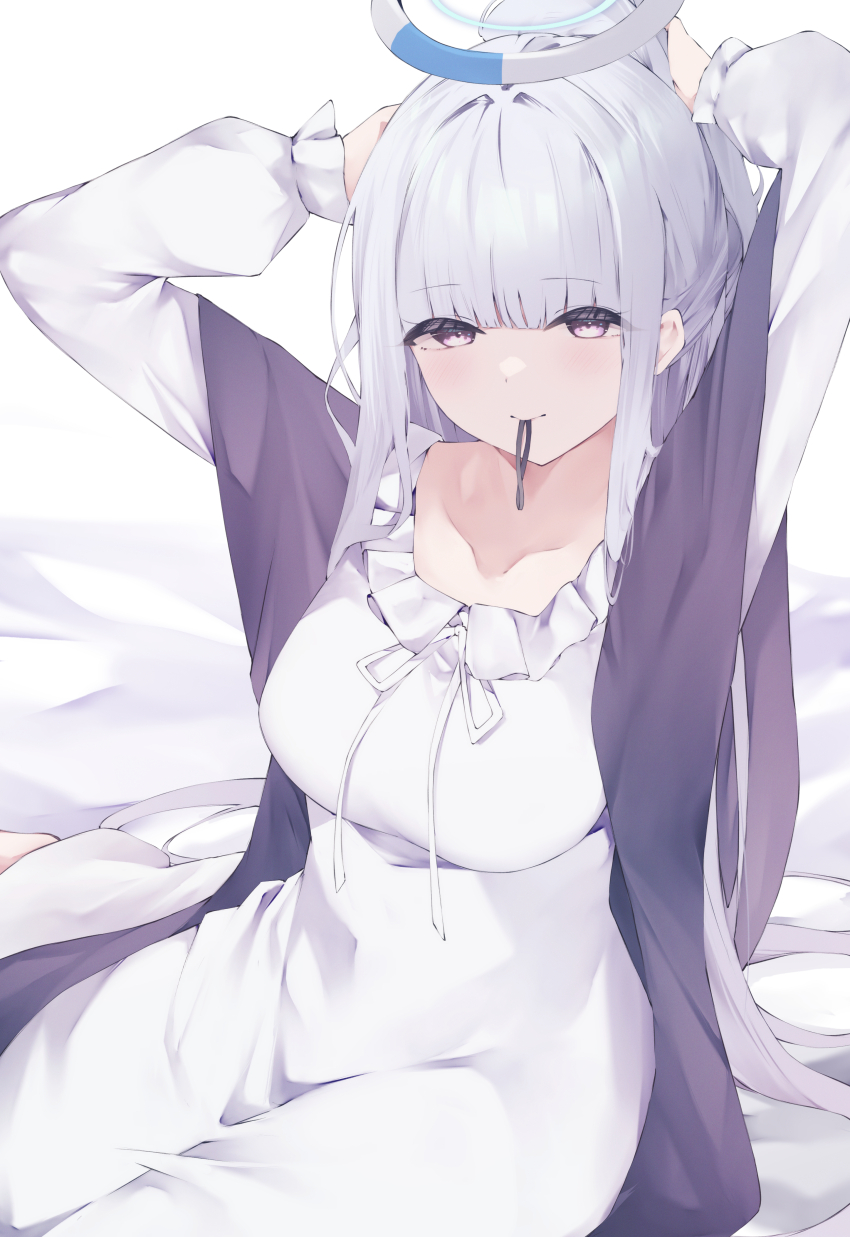 1girl absurdres adjusting_hair arms_up bed_sheet blue_archive blush breasts collarbone commentary_request dress grey_hair hair_tie hair_tie_in_mouth halo highres hojiro_same large_breasts long_sleeves looking_at_viewer mouth_hold noa_(blue_archive) noa_(pajamas)_(blue_archive) official_alternate_costume ponytail purple_eyes purple_shawl shawl sitting solo white_dress