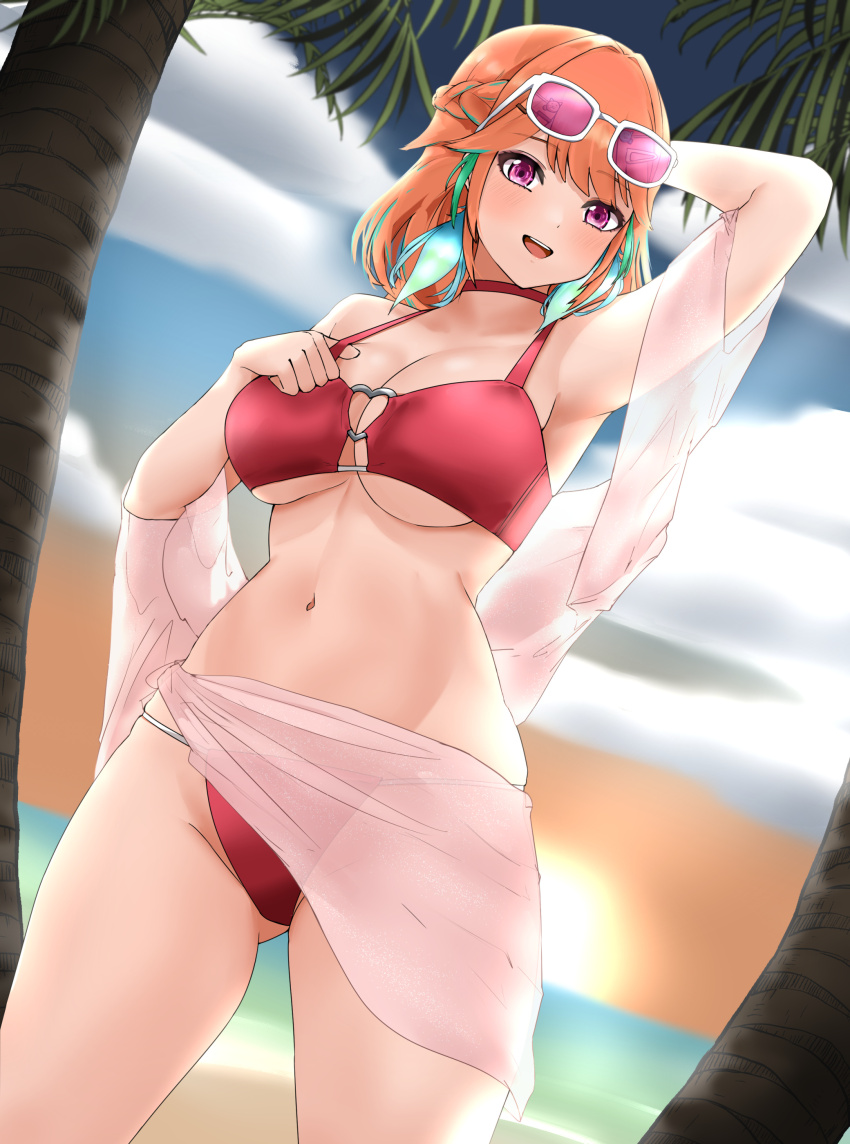 1girl :d absurdres aidoruhakase arm_up armpits beach bikini breasts choker cleavage eyewear_on_head feathers green_feathers green_hair highres hololive hololive_english large_breasts multicolored_hair navel open_mouth orange_hair purple-tinted_eyewear purple_eyes red_bikini red_choker shawl smile solo stomach sunglasses sunset swimsuit takanashi_kiara tinted_eyewear two-tone_hair virtual_youtuber white_shawl