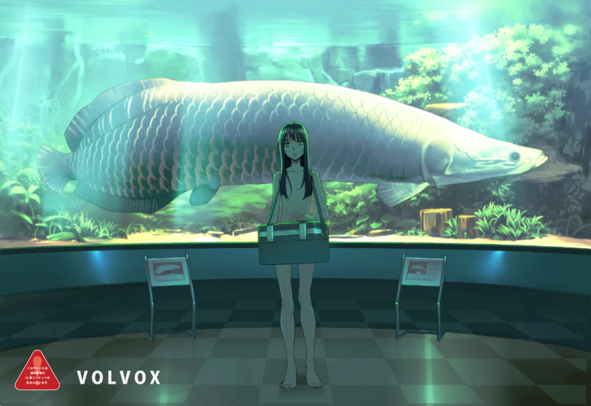 1girl aquarium arapaima bag barefoot black_hair checkered_floor feet female_focus fish flat_chest floor kizaki legs nude original paiche solo toes