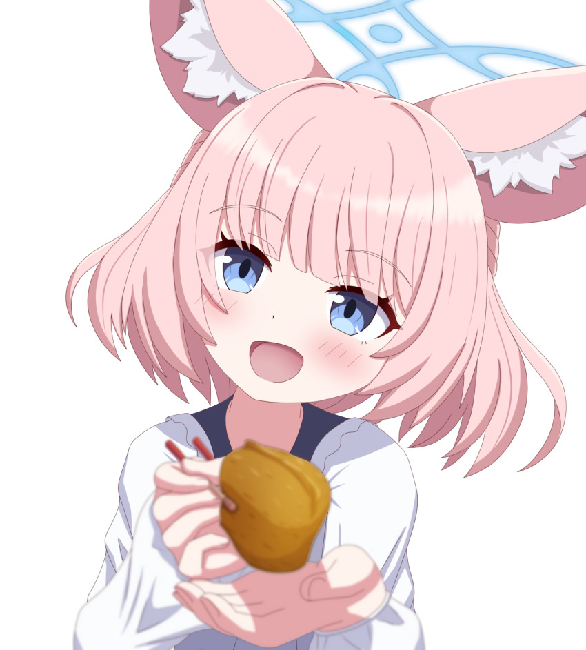 1girl :d animal_ear_fluff animal_ears blue_archive blue_eyes blue_halo blunt_bangs blurry blush commentary depth_of_field fox_ears fox_girl halo happy head_tilt highres incoming_food long_sleeves looking_at_viewer medium_hair mugisepa niko_(blue_archive) open_mouth pink_hair shirt simple_background smile solo straight-on upper_body white_background white_shirt