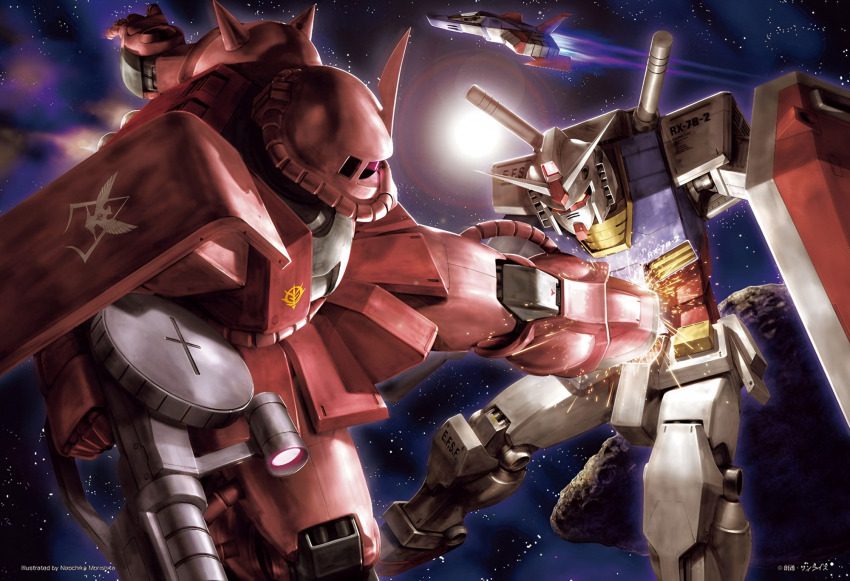 asteroid battle beam_saber bug core_fighter fighting_stance fly flying gun gundam highres holding holding_gun holding_weapon insect kicking machine_gun mecha mobile_suit mobile_suit_gundam morishita_naochika no_humans official_art robot rx-78-2 shield space star_(sky) sun v-fin weapon zaku_ii_s_char_custom