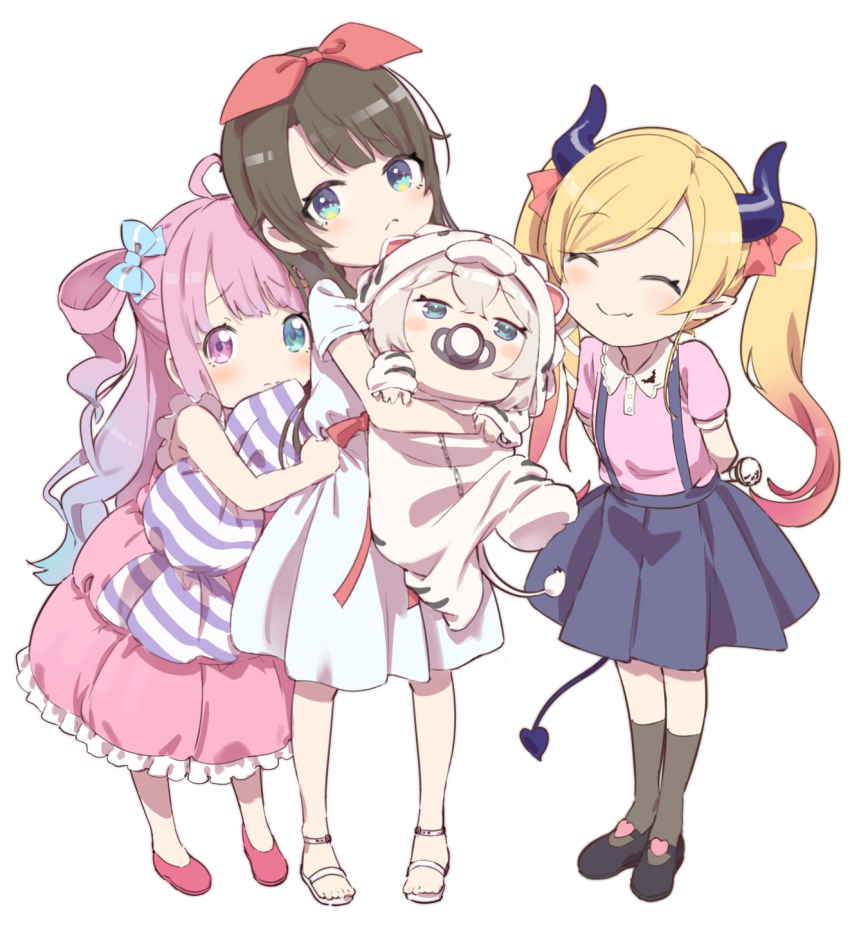 4girls aged_down blush bow carrying carrying_person child frills furrowed_brow hair_bow highres himemori_luna hololive horns looking_at_viewer multiple_girls nervous oozora_subaru pacifier robotta shishiro_botan shoes shy skirt smile socks straight_hair twintails virtual_youtuber wavy_hair white_background yuzuki_choco