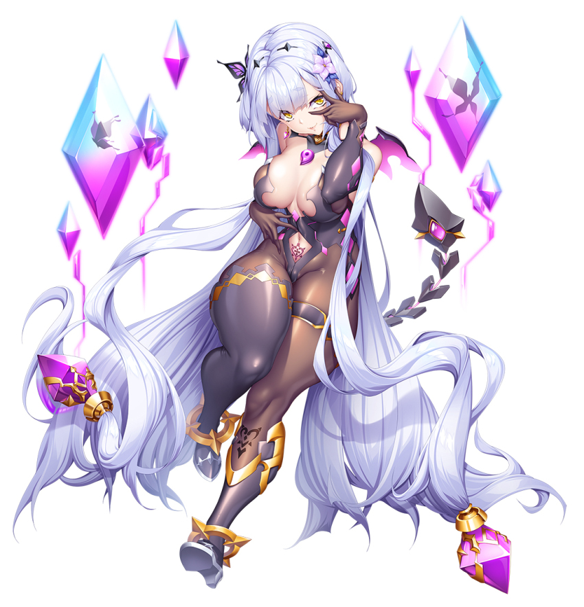 1girl absurdly_long_hair bodysuit breasts butterfly_hair_ornament cameltoe center_opening cleavage crystal hair_ornament heart heart_tattoo long_hair looking_at_viewer nanase_mai official_art potion_(moudamepo) pubic_tattoo smile solo stomach_tattoo tail taimanin_(series) taimanin_rpgx tattoo v_over_eye very_long_hair white_background white_hair yellow_eyes