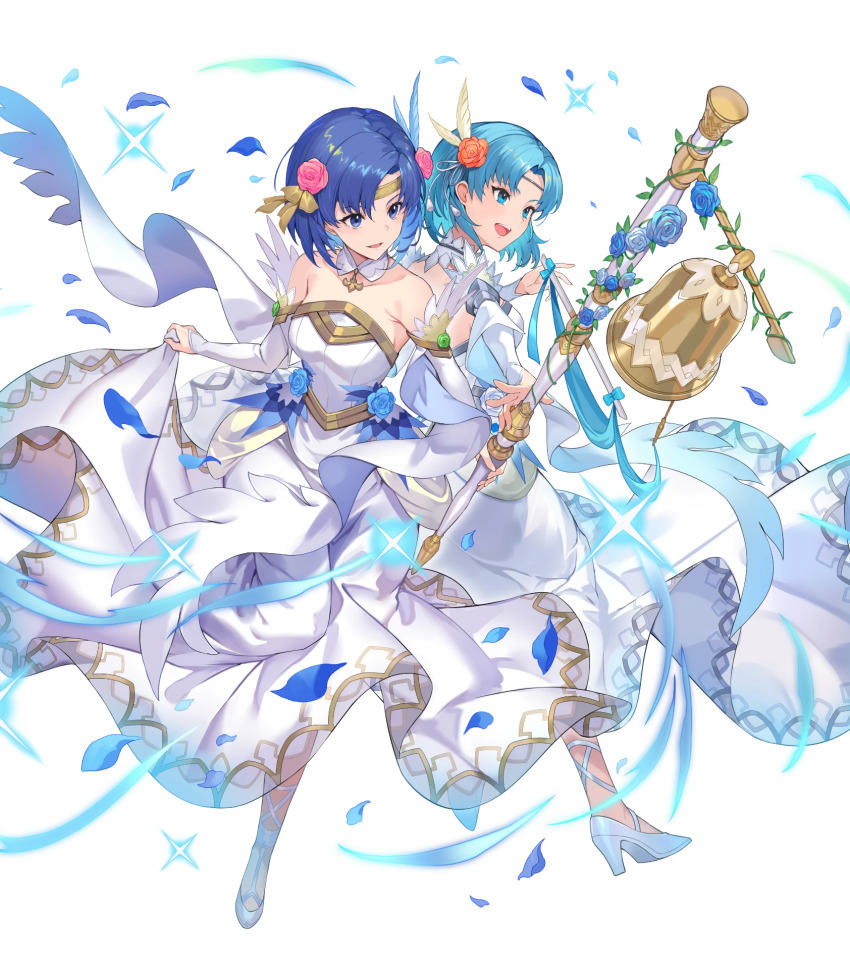 2girls bare_shoulders bell blue_eyes blue_hair breasts catria_(bridal)_(fire_emblem) catria_(fire_emblem) closed_mouth detached_collar dress feather_trim female_focus fire_emblem fire_emblem:_mystery_of_the_emblem fire_emblem:_the_binding_blade fire_emblem_echoes:_shadows_of_valentia fire_emblem_heroes flower full_body hair_ornament high_heels highres kakage matching_hair/eyes medium_breasts multiple_girls nintendo official_art open_mouth petals short_hair skirt_hold smile strapless strapless_dress thea_(bridal)_(fire_emblem) thea_(fire_emblem) trait_connection transparent_background wedding_dress white_dress white_footwear