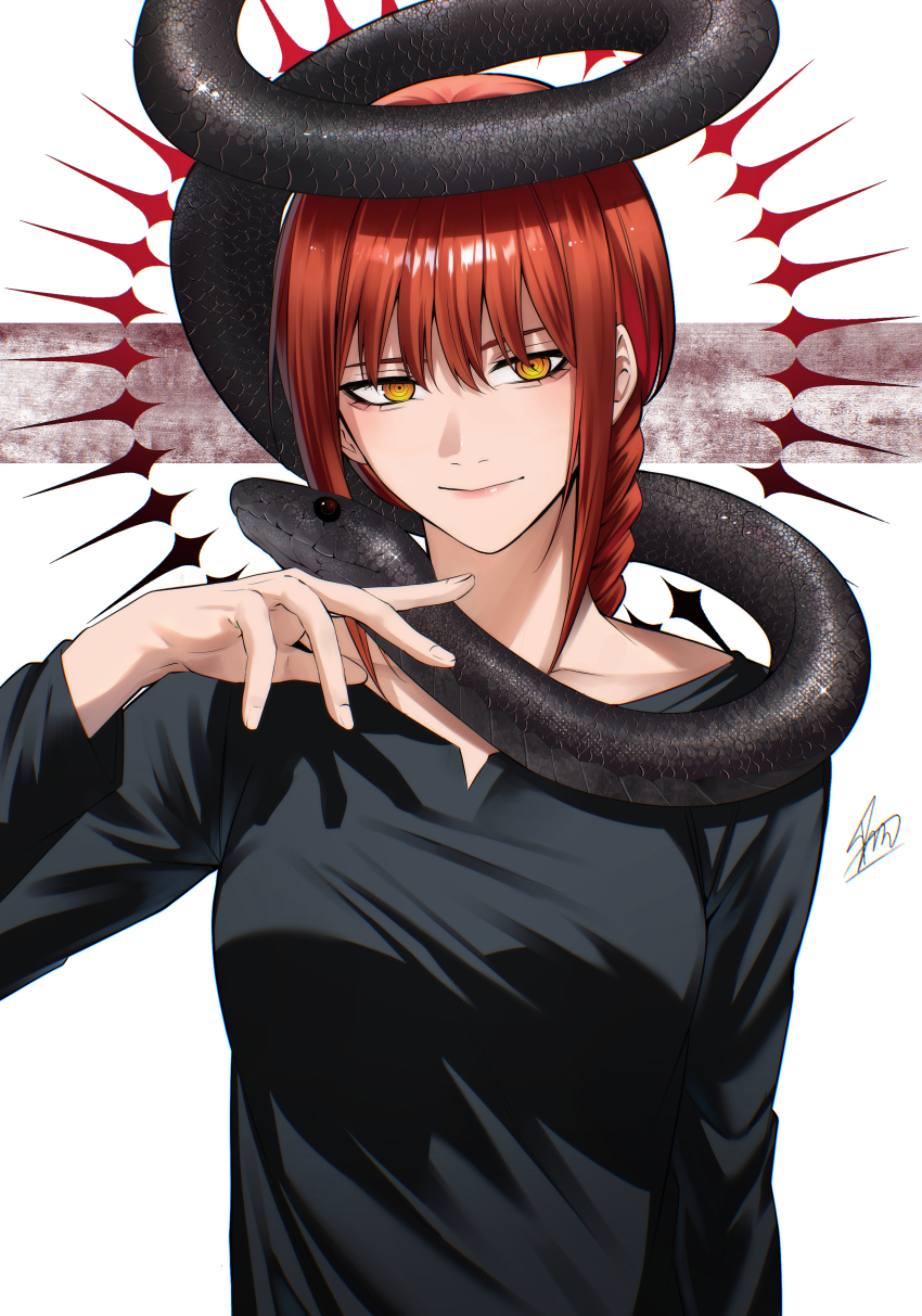 1girl absurdres asarizer black_dress black_snake braid chainsaw_man closed_mouth dress highres makima_(chainsaw_man) red_hair ringed_eyes single_braid snake solo yellow_eyes