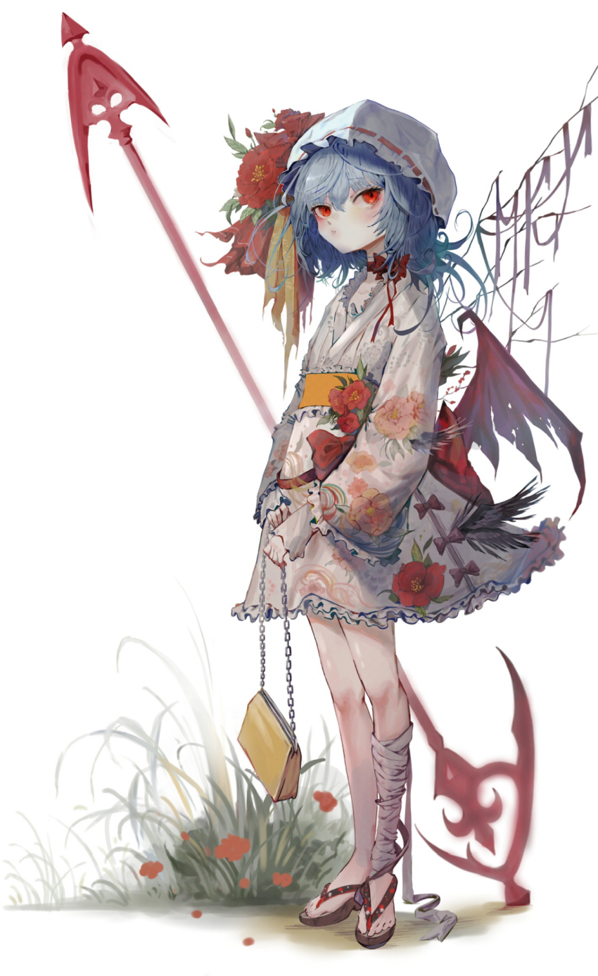 1girl :/ alternate_costume bag bandaged_leg bandages bat_wings blue_hair bow bow_choker camellia choker closed_mouth commentary expressionless floral_print floral_print_kimono flower frilled_kimono frilled_sleeves frills full_body grass hat hat_bow highres holding holding_bag japanese_clothes kimono kongaru_123 leaf low_wings medium_hair mob_cap obi okobo red_choker red_eyes red_flower red_nails red_ribbon red_wings remilia_scarlet ribbon sandals sash short_kimono simple_background single_bare_leg solo spear_the_gungnir standing touhou white_background white_hat wings yellow_bag