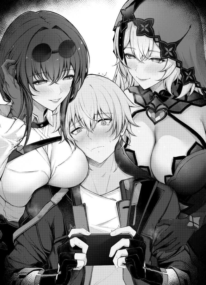 1boy 2girls absurdres aisutei bare_shoulders between_breasts black_jacket black_swan_(honkai:_star_rail) blush breasts caelus_(honkai:_star_rail) eyewear_on_head gloves highres honkai:_star_rail honkai_(series) jacket kafka_(honkai:_star_rail) large_breasts long_hair monochrome multiple_boys multiple_girls shirt short_hair smile trailblazer_(honkai:_star_rail) veil white_shirt