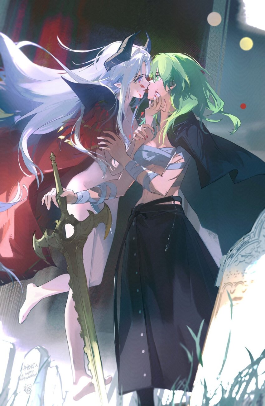 2girls alternate_hair_color artuvia bandages blue_eyes breasts byleth_(female)_(fire_emblem) byleth_(fire_emblem) cape chest_sarashi convenient_censoring edelgard_von_hresvelg enlightened_byleth_(female) fire_emblem fire_emblem:_three_houses green_hair hair_ornament highres horns long_hair medium_breasts multiple_girls nintendo nude purple_eyes ribbon sarashi sword sword_of_the_creator weapon white_hair yuri