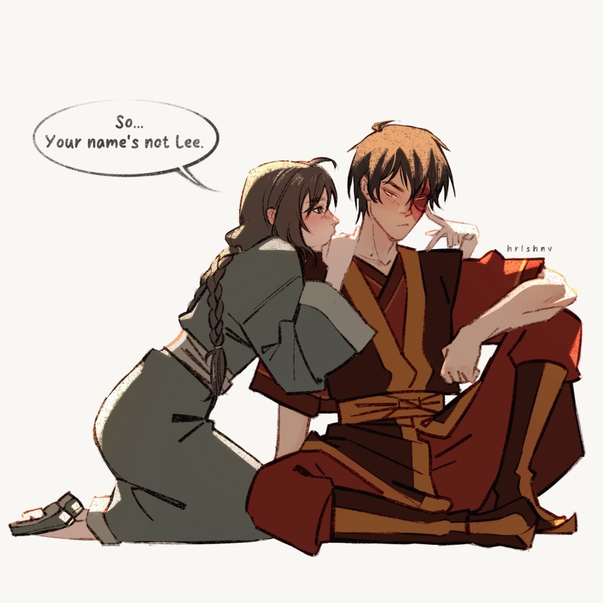 1boy 1girl artist_name avatar:_the_last_airbender avatar_legends blush braid brown_eyes brown_hair burn_scar cheek_poking chinese_clothes commentary english_commentary full_body hand_on_another&#039;s_shoulder hetero highres hrlshnv jin_(avatar) kneeling long_sleeves looking_at_another poking profile scar short_hair short_sleeves sideways_glance simple_background sitting twin_braids white_background wide_sleeves zuko