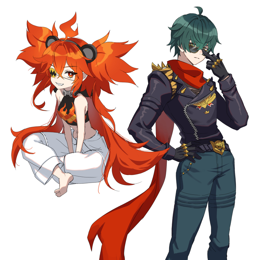 1boy 1girl animal_ears bare_shoulders bear_ears black_gloves black_jacket closed_mouth crop_top eyepatch fake_animal_ears fingerless_gloves gloves green_hair ha_seung hair_between_eyes hair_over_one_eye highres jacket koleda_belobog lighter_(zenless_zone_zero) long_hair long_sleeves looking_at_viewer male_focus midriff pants red_eyes red_hair red_scarf scarf shirt short_hair simple_background smile sunglasses teeth twintails zenless_zone_zero