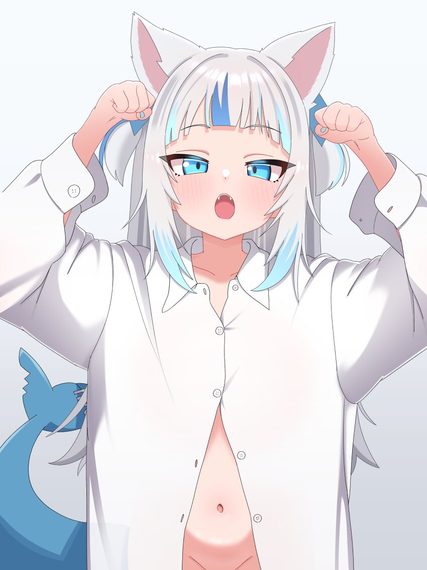 1girl absurdres animal_ears blue_eyes blue_hair bottomless commentary fins fish_tail gawr_gura highres hololive hololive_english long_hair mingkozus multicolored_hair naked_shirt navel no_panties shark_girl shark_tail shirt sidelocks streaked_hair tail twintails virtual_youtuber white_hair