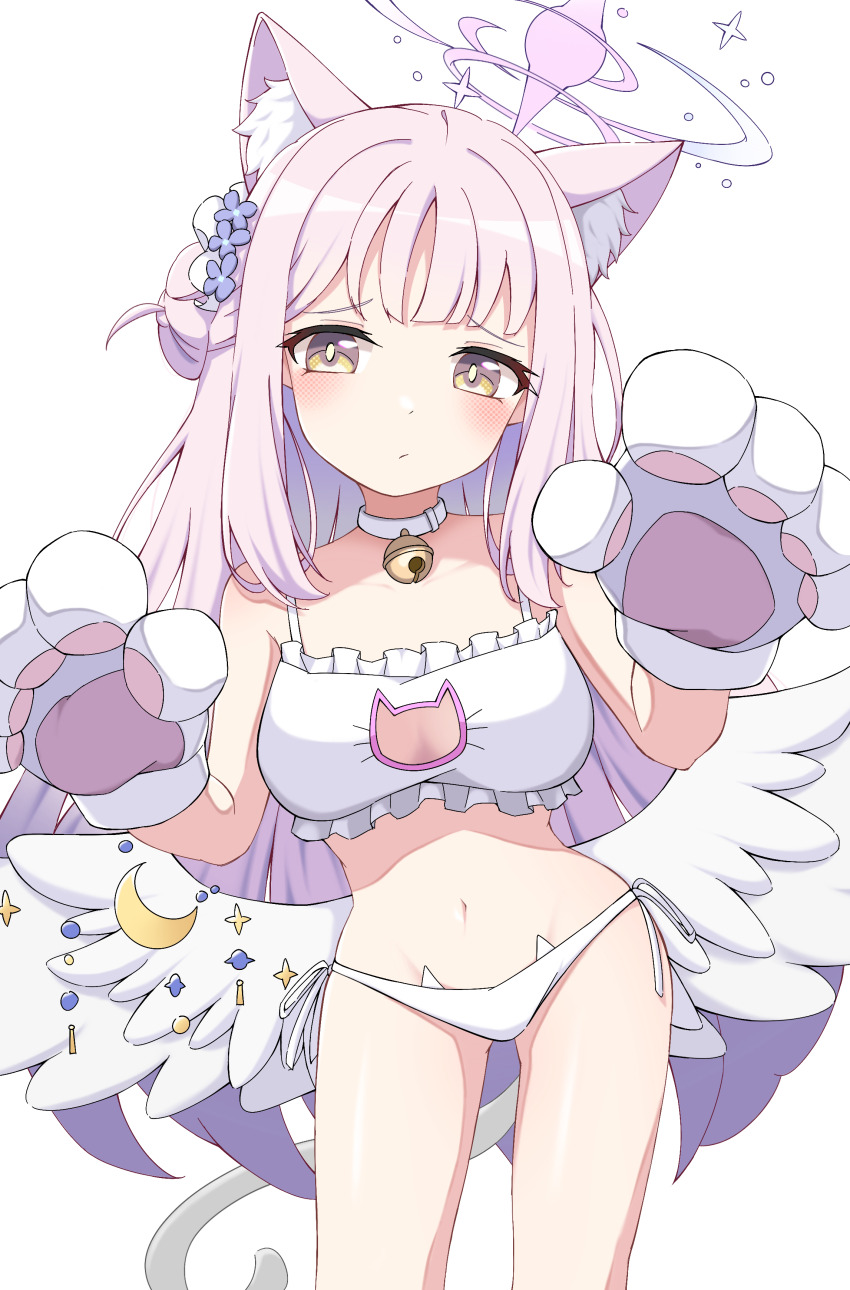 1girl absurdres alternate_costume angel_wings animal_ear_fluff animal_ears animal_hands bell blue_archive blush bright_pupils cat_cutout cat_ears cat_lingerie cat_tail cleavage_cutout closed_mouth clothing_cutout cowboy_shot frills frown gloves groin hair_bun halo highres kemonomimi_mode long_hair looking_at_viewer meme_attire mika_(blue_archive) mooramango navel neck_bell panties paw_gloves paw_pose pink_hair pink_halo side-tie_panties single_hair_bun solo standing stomach straight_hair tail underwear very_long_hair white_background white_gloves white_pupils white_wings wings yellow_eyes