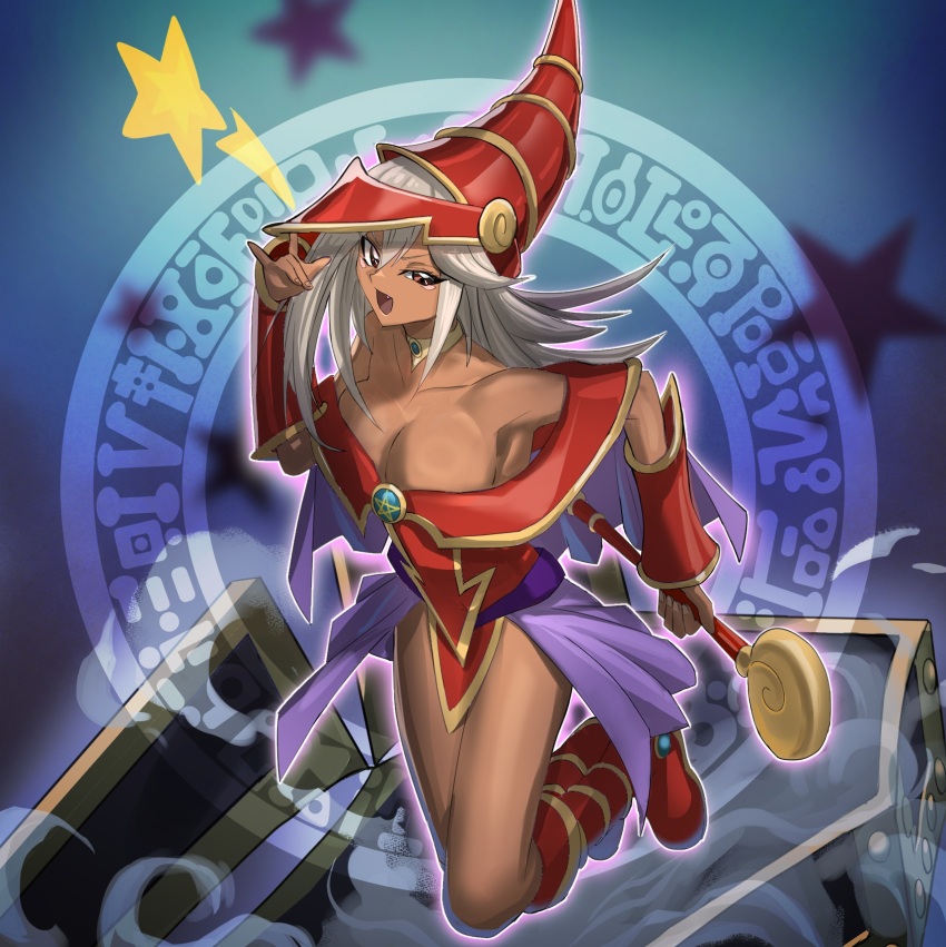 1girl absurdres alternate_costume alternate_hair_color apprentice_illusion_magician bare_legs breasts brown_eyes dark-skinned_female dark_magician_girl dark_skin felix_(mtw93) grey_hair hat highres large_breasts looking_at_viewer solo star_(symbol) witch_hat yu-gi-oh!